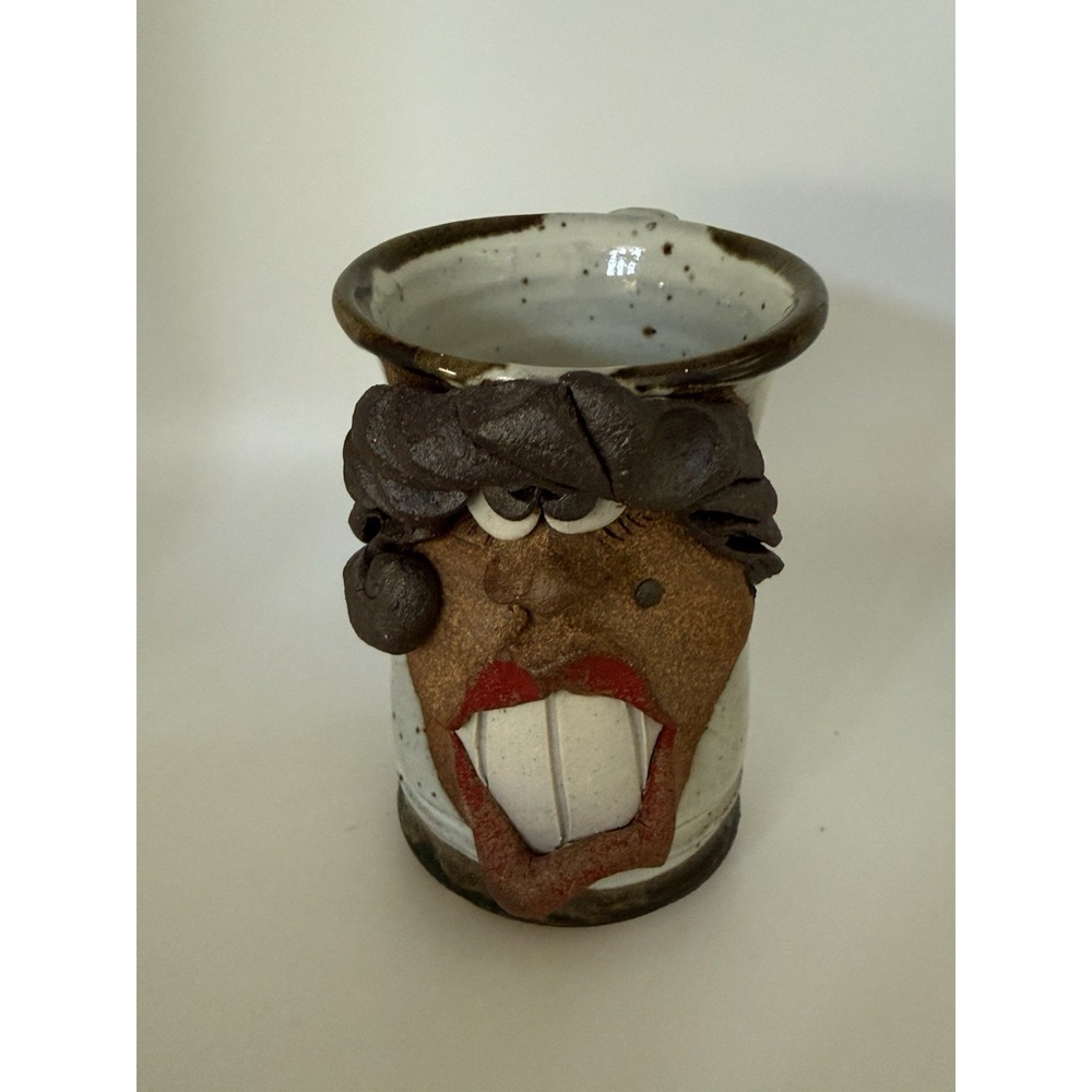 Vintage Stoneware Ugly 3D Face Handmade Coffee Cup  Mug 5"‎ signed
